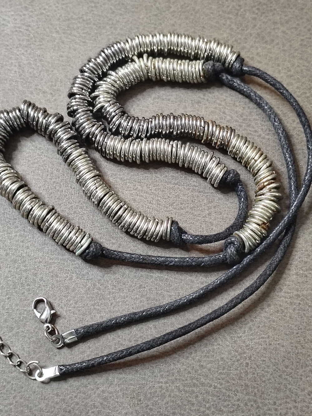 Stacked Silver Disk Necklace on Black Cord